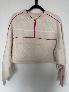 Anthropologie Daily Practice Cropped Cream Pullover with Pink & Yellow Accents